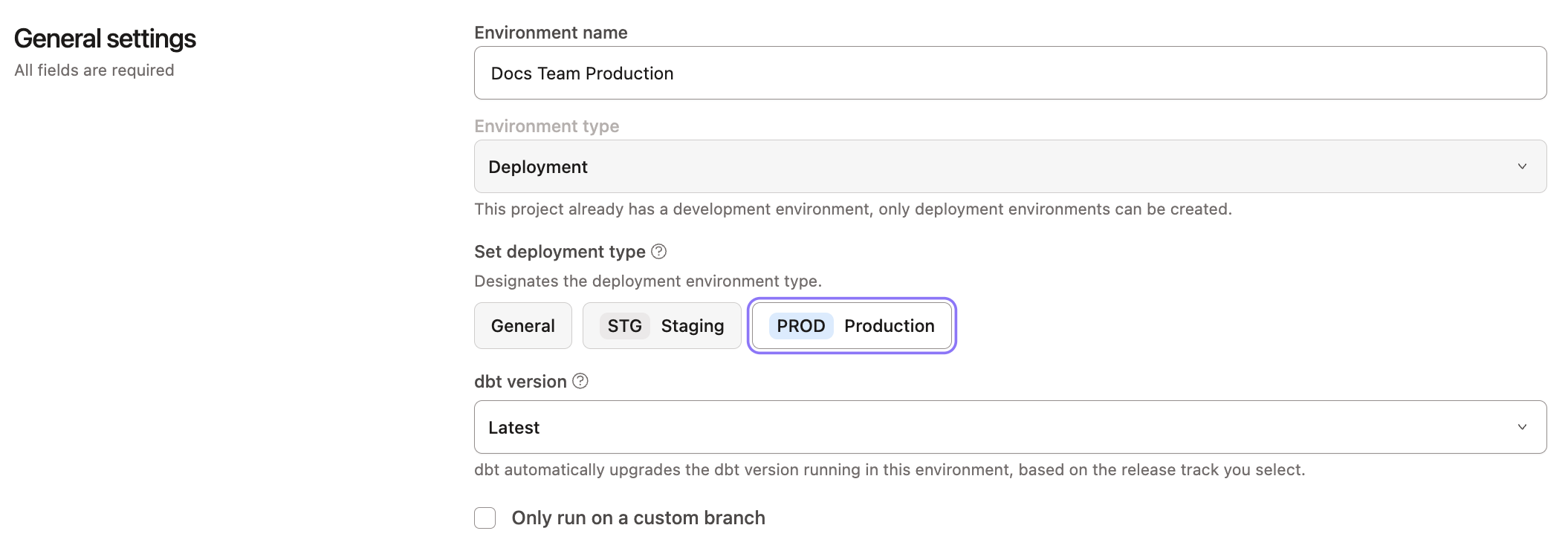 Example environment settings in dbt
