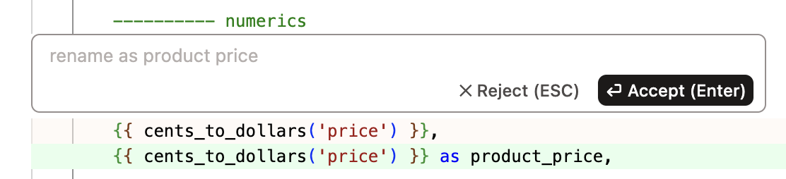 dbt Copilot's prompt window accessible by keyboard shortcut Cmd+B (Mac) or Ctrl+B (Windows)