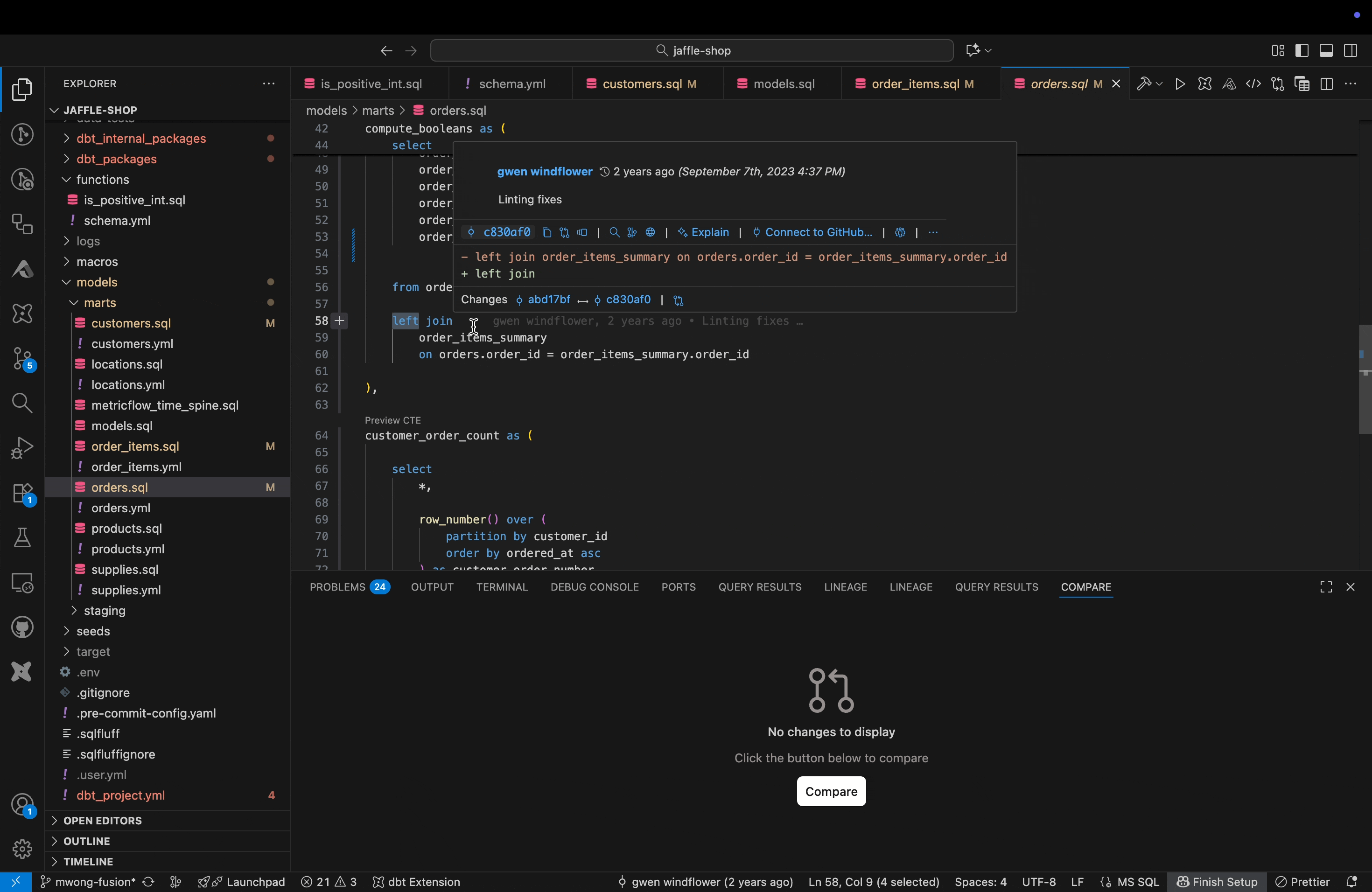 Make changes to a model and see the changes in the Compare tab